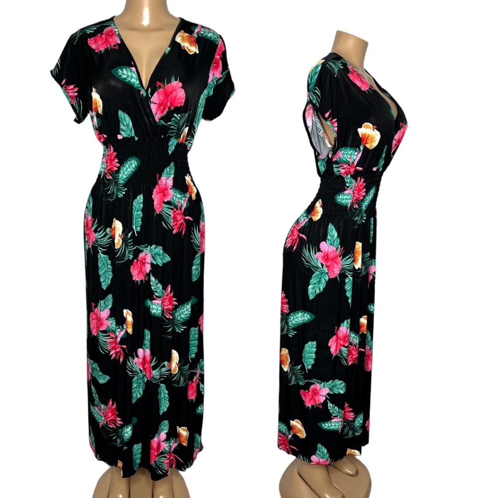 NWT Size S/M Women Tropical Long Floral Black Stretchy V Neck Party Maxi Dress